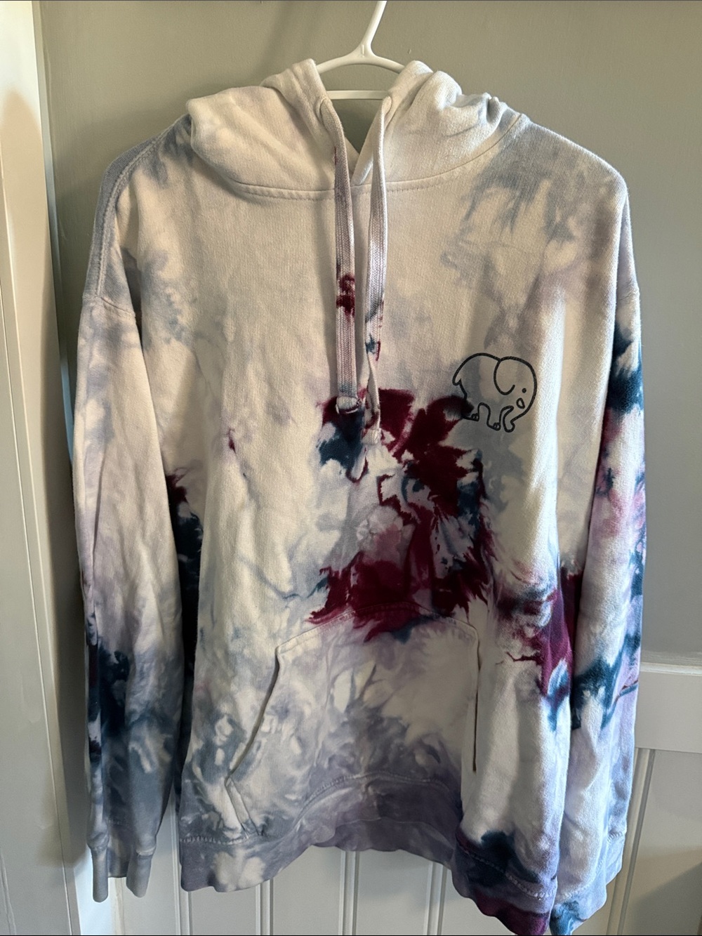 Tie-Dye Pullover Hoodie with Elephant Logo - White, Navy & Burgundy